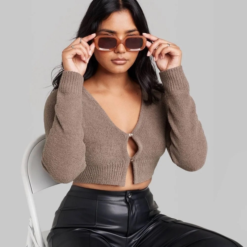 Wild Fable Fuzzy Fitted Cropped Cardigan Taupe